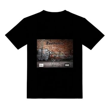 Black T-shirt with graffiti art and text on the back.