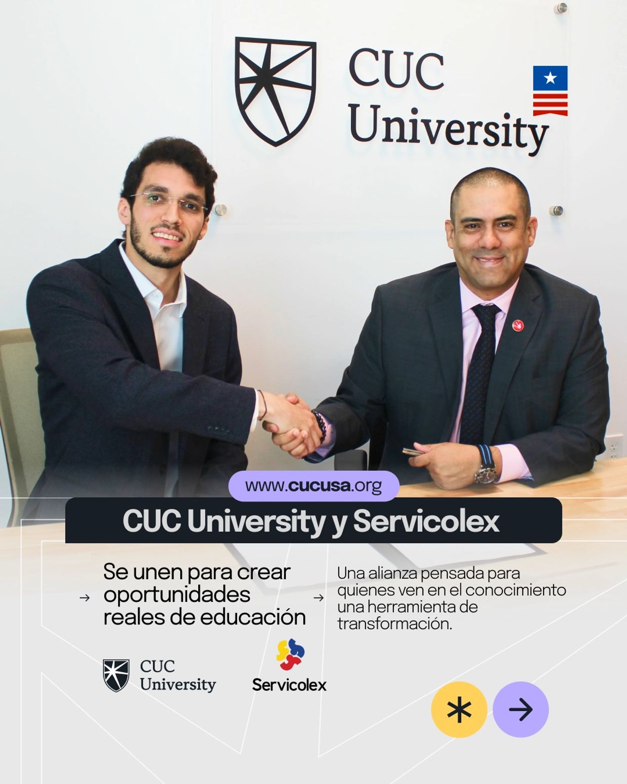 Two men shaking hands representing a partnership between CUC University and Servicolex.
