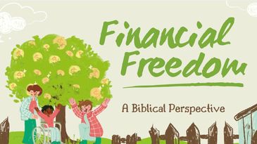 Illustration promoting financial freedom from a biblical perspective with a family and a money tree.