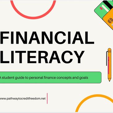 Financial literacy guide with credit cards and pen visuals.