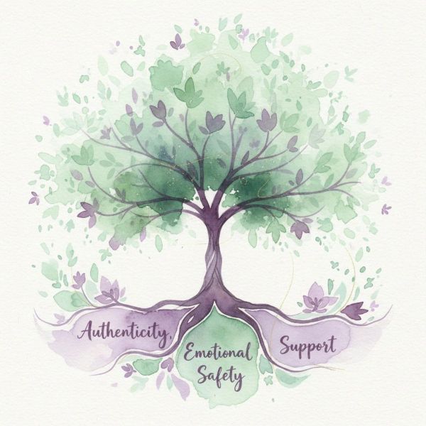 Watercolor tree symbolizing emotional safety with roots of authenticity and support.