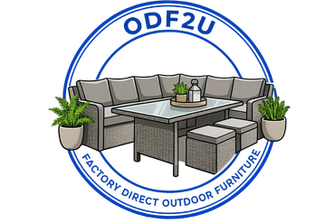 Modern outdoor patio set with cushioned seats and glass table.