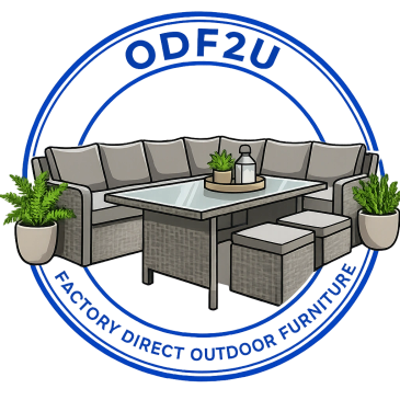 Modern outdoor patio furniture set with sectional sofa and table.