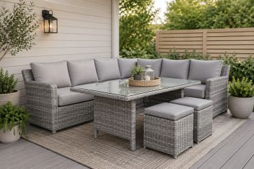 Cozy gray outdoor wicker sectional sofa set with cushions on a patio.