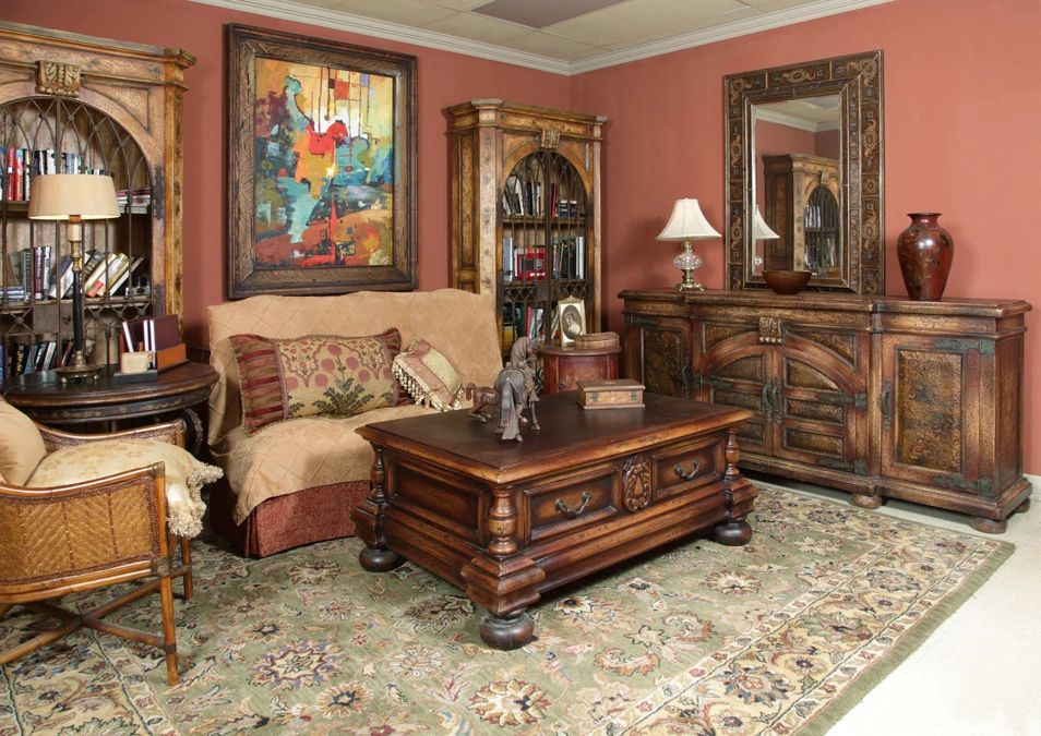 Traditional living room with wooden furniture and warm earth tones.