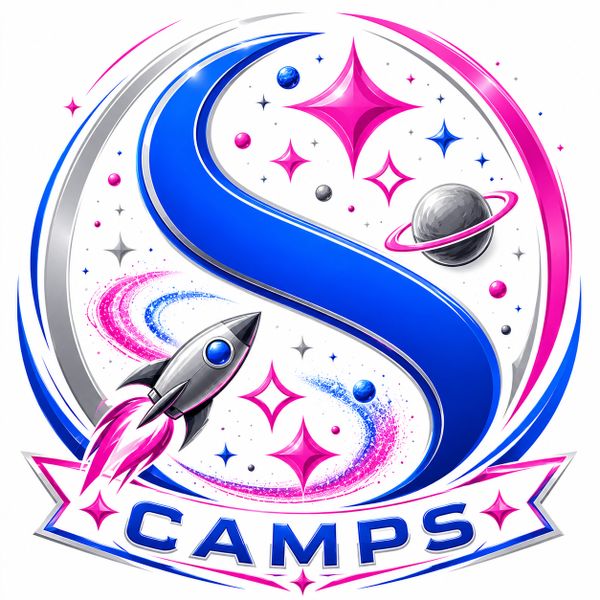 Colorful space-themed logo with a rocket and planets around a large blue 'S'.