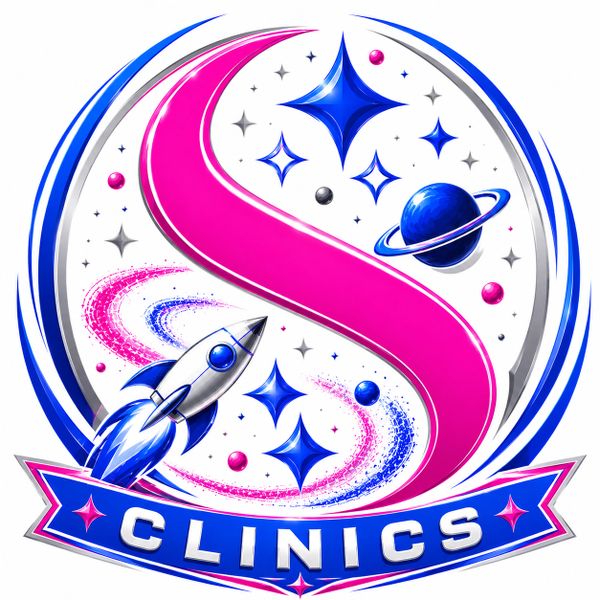 Futuristic logo with a rocket, stars, and planets around a large pink S.