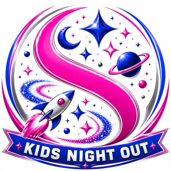 Colorful kids' event logo with space theme and rocket.