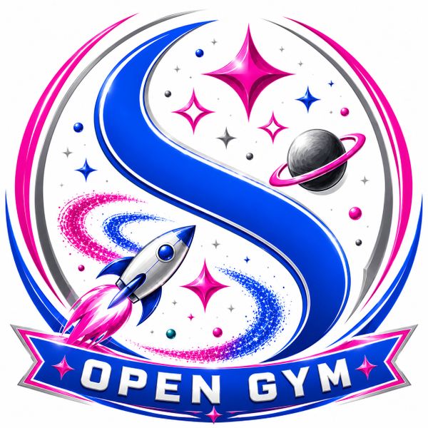 Futuristic space-themed logo with rocket and planet, reading 'Open Gym.'