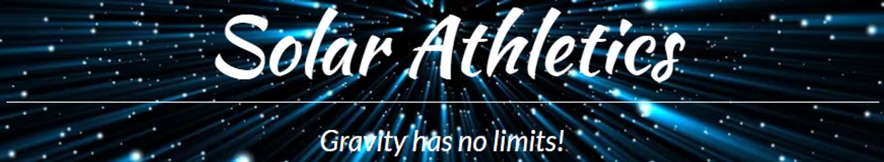 Solar Athletics logo with the tagline 'Gravity has no limits!' on a cosmic background.