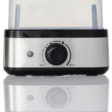 Stainless steel electric food steamer with timer dial and transparent lid.