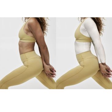 Side-by-side comparison of a woman in yellow activewear showing a bare arm and a long-sleeve white shirt.