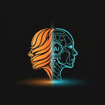 Split face showing human and AI technology sides in vibrant orange and blue.