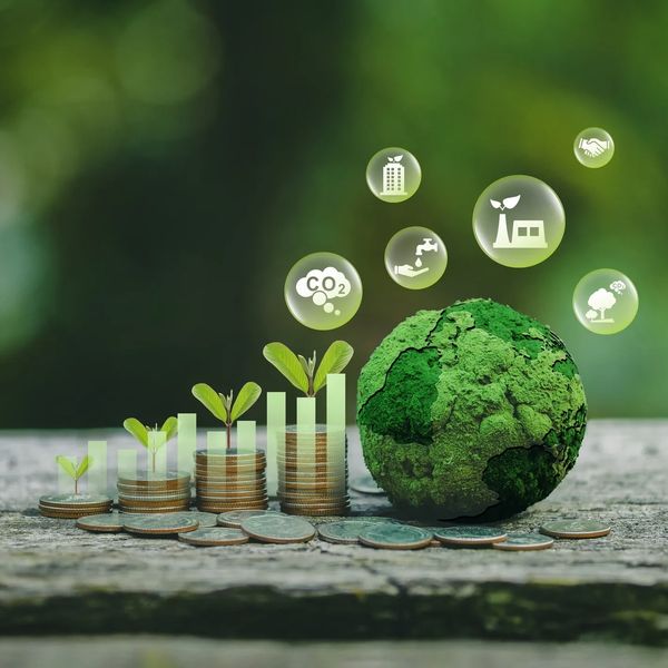 Growing plants on coin stacks symbolize investment in sustainable green energy.