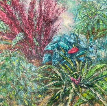 Floral gallery painting blue green and pink