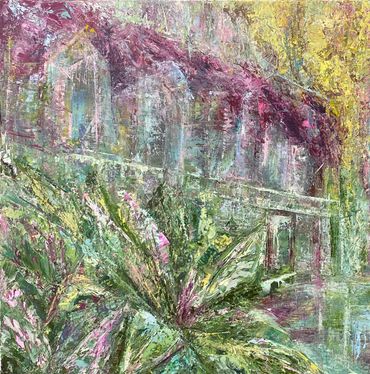 Floral gallery painting purple yellow green 