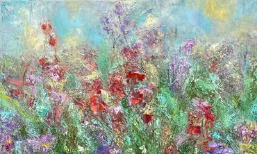 Floral gallery painting red flowers with green purple yellow and blue 