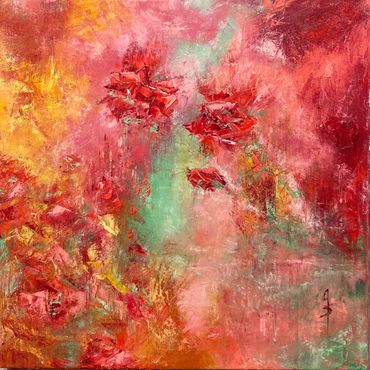 Floral gallery painting reds yellow orange green