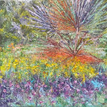 Floral gallery painting purple blue yellow orange green