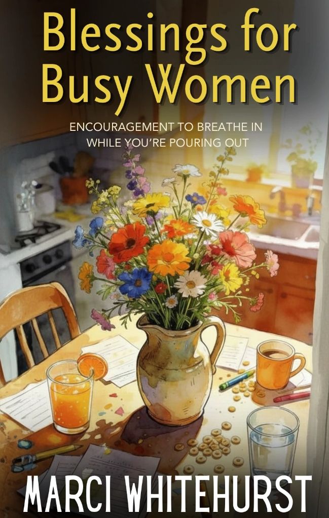 Book cover with colorful flowers and a cozy kitchen scene.