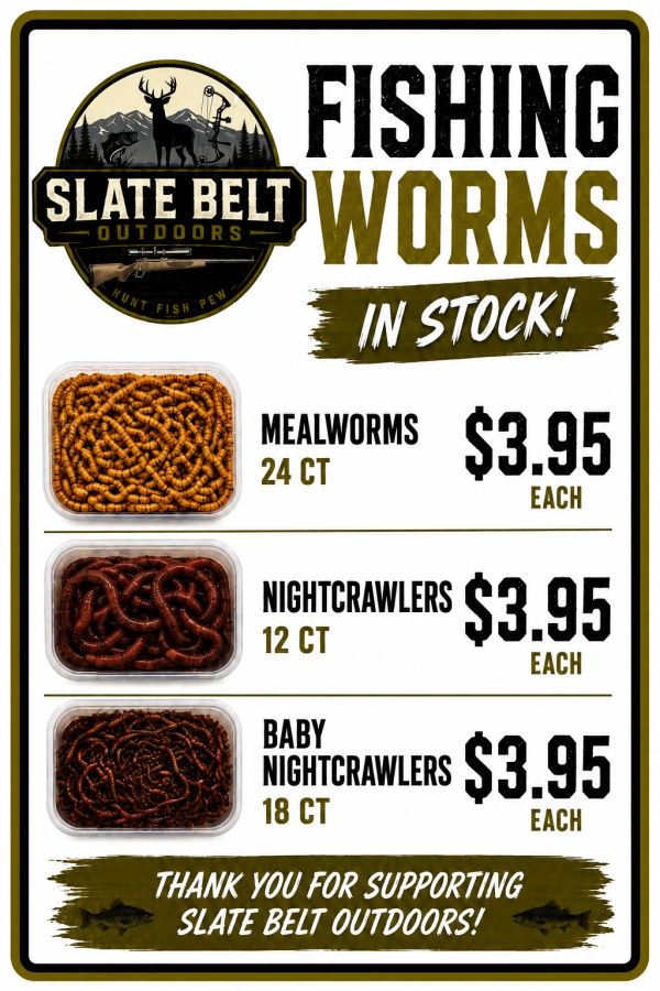 Slate Belt Outdoors fishing worms in stock with prices.