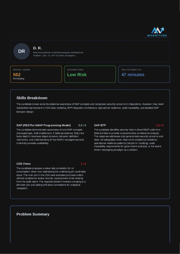 Performance report for SAP S/4 Hana developer with low risk and 562 score.