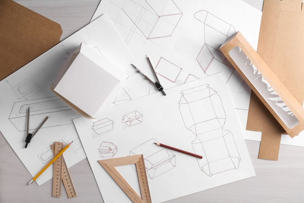 Hand drawn plans of boxes on white paper