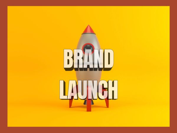 Rocket with text 'Brand Launch' on a yellow background.
