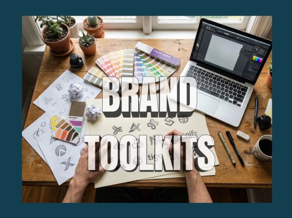 Workspace with branding tools and sketches.