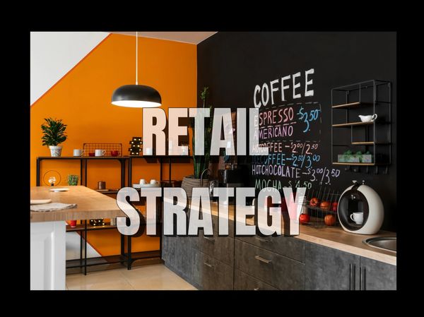 Modern coffee shop interior with retail strategy text.