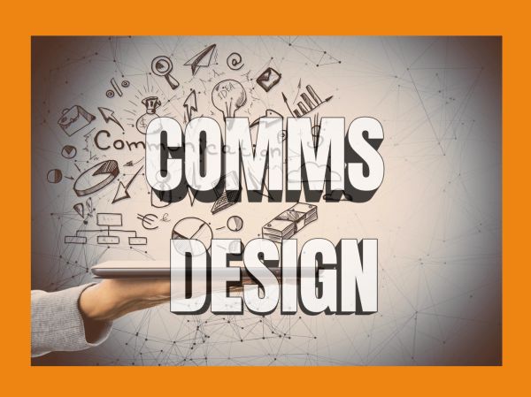 Hand holding tablet with communication design icons and text.