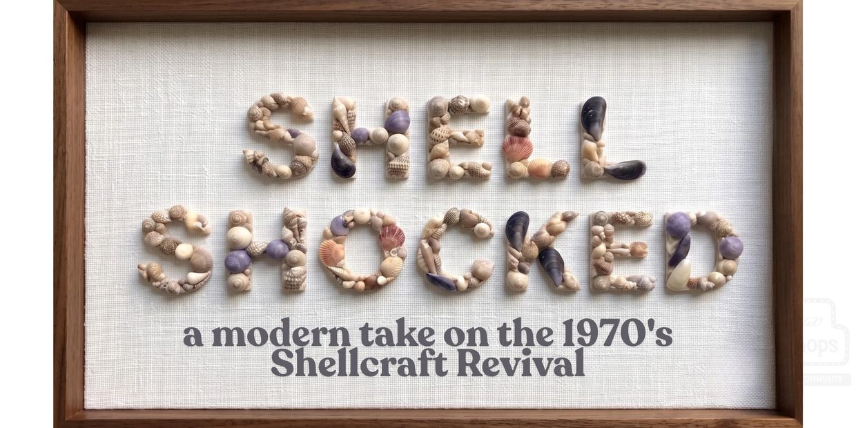 Sign reading 'Shell Shocked' made with small sea shells.