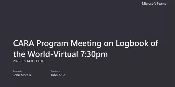 Virtual meeting announcement for CARA Program on Logbook of the World at 7:30pm.