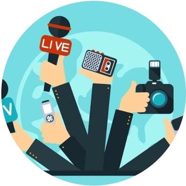 Illustration of multiple hands holding media tools for live reporting.
