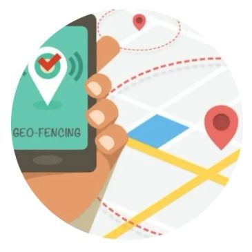 Hand holding phone with geo-fencing app on a map background.