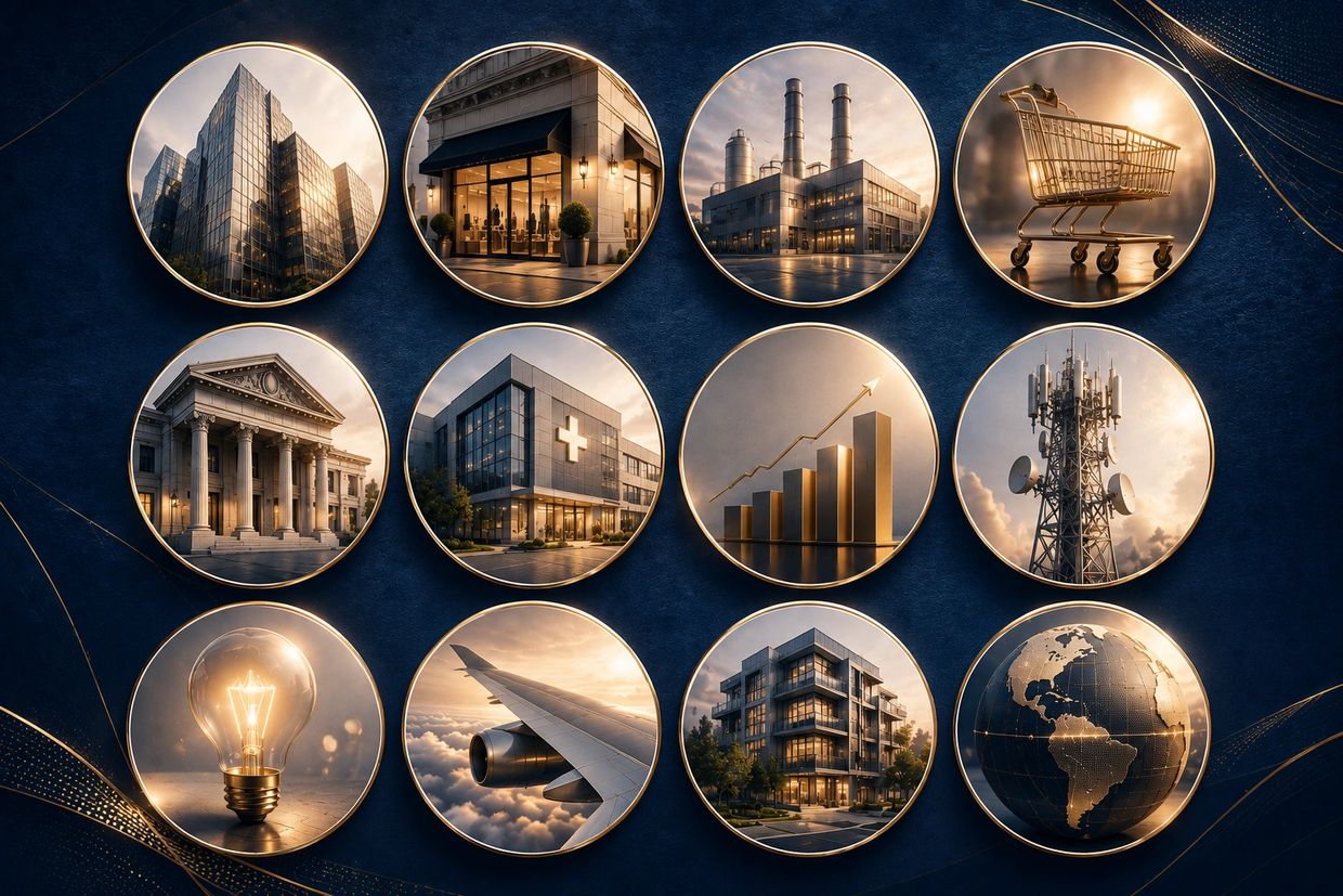 Collage of business, technology, and infrastructure icons with golden accents.