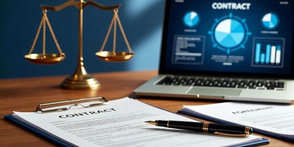 Legal contract documents with pen, scales of justice, and laptop.