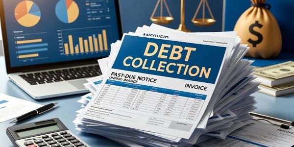 Stack of debt collection invoices on an office desk with financial charts on a laptop.