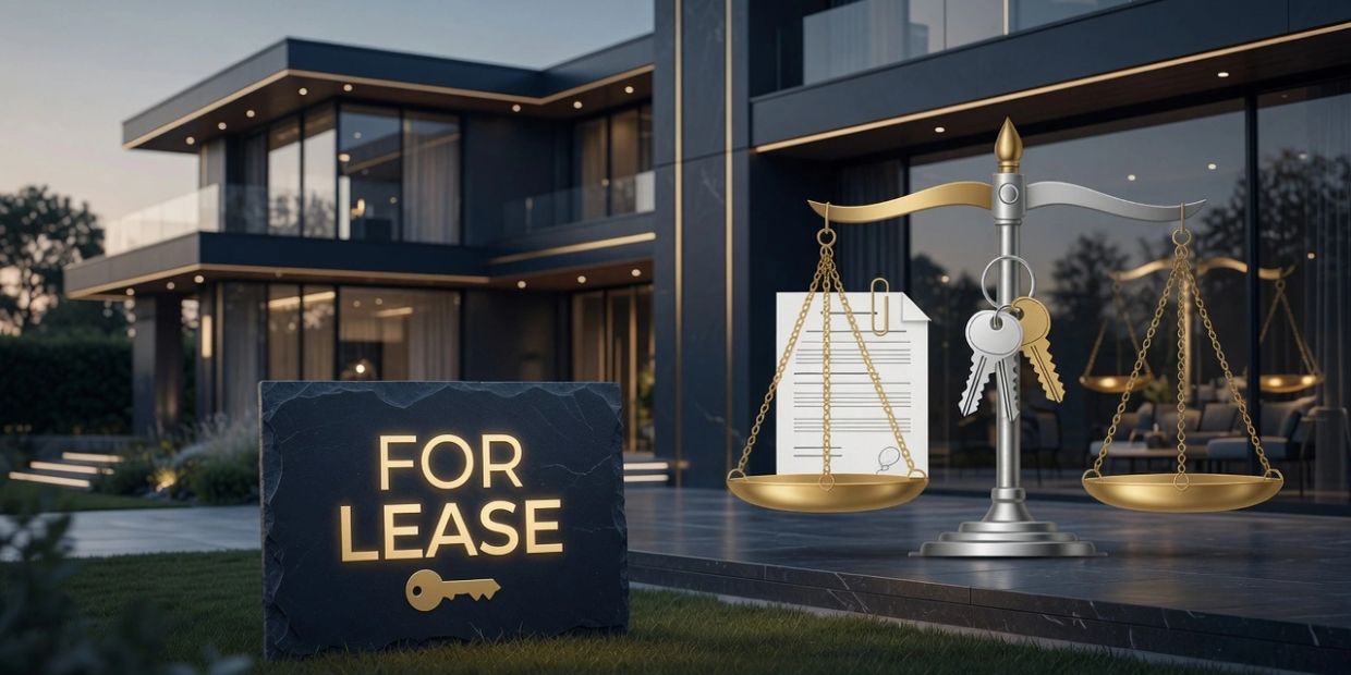 Modern house with a 'For Lease' sign and a scale with keys and contract.