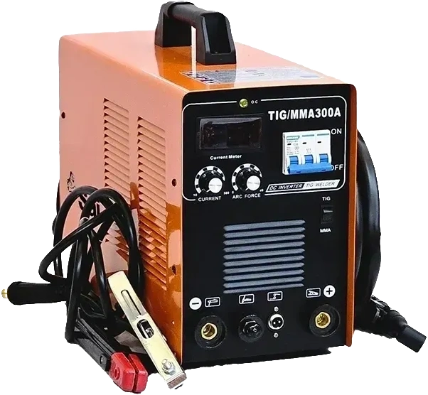Orange TIG/MMA300A welding machine with control knobs and cables.