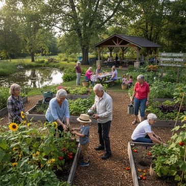 Community members gardening and socializing at Harvest Harmony Community Garden.