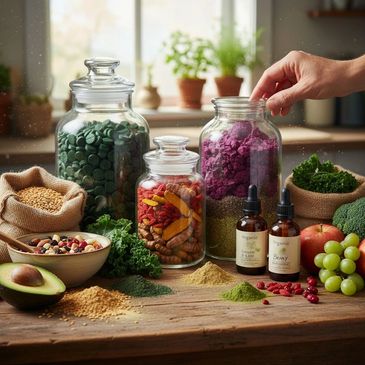 Assortment of organic superfoods and supplements displayed on a wooden table.