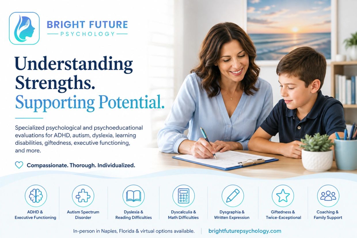 Psychologist working with a child during an evaluation, representing ADHD, autism, dyslexia, learnin