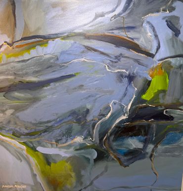 Abstract painting with blue, green, and brown tones.