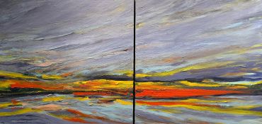 Abstract landscape painting with vibrant colors reflecting on water.
