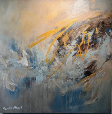 Abstract painting with blue, orange, and gray tones.