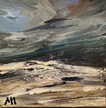 Abstract landscape painting with moody skies.