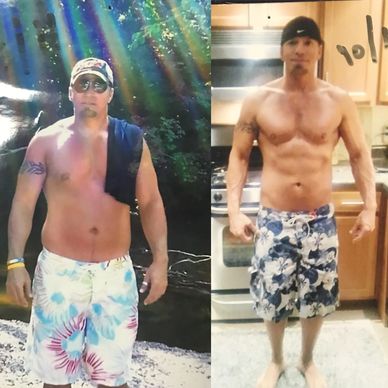 Side-by-side photos showing a man's fitness transformation with improved muscle tone.