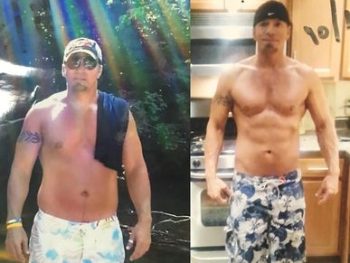 Side-by-side photos showing a man's fitness transformation with improved muscle tone.