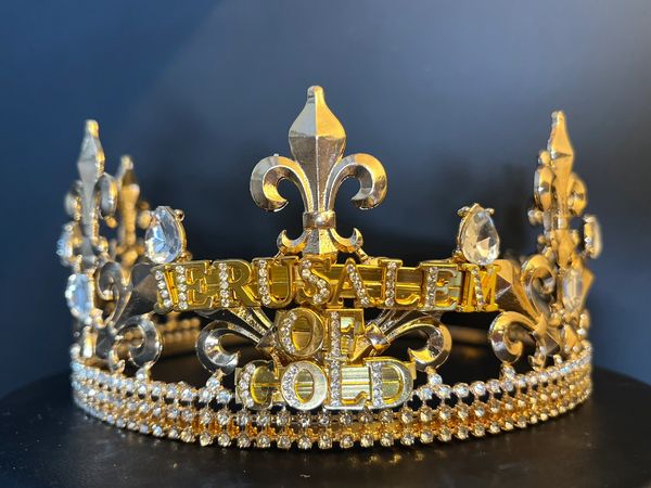 Golden crown with the inscription 'Jerusalem of Gold' adorned with gems.